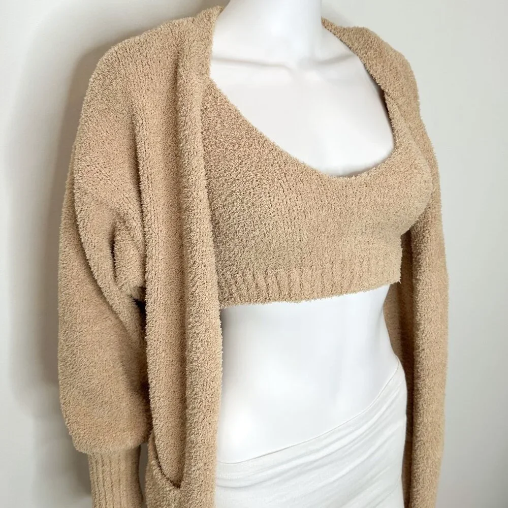 RESA Teddy Cozy Lounge Set Bralette Crop Top and Cardigan Robe in Taupe Tan Sz S
